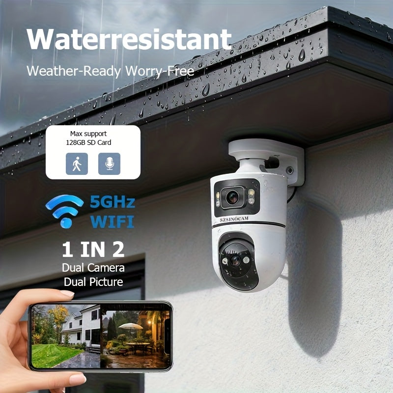 2.4G&5GHz Wireless WiFi, 4K Outdoor with Dual Lenses Security Camera, Rain-proofRotating, Night Vision, Dynamic Detection, Two-Way Call, Wifi Connectivity - Imagery & Christmas Halloween Decorations, Thanksgiving Day Gift, Cameras for Home Security.