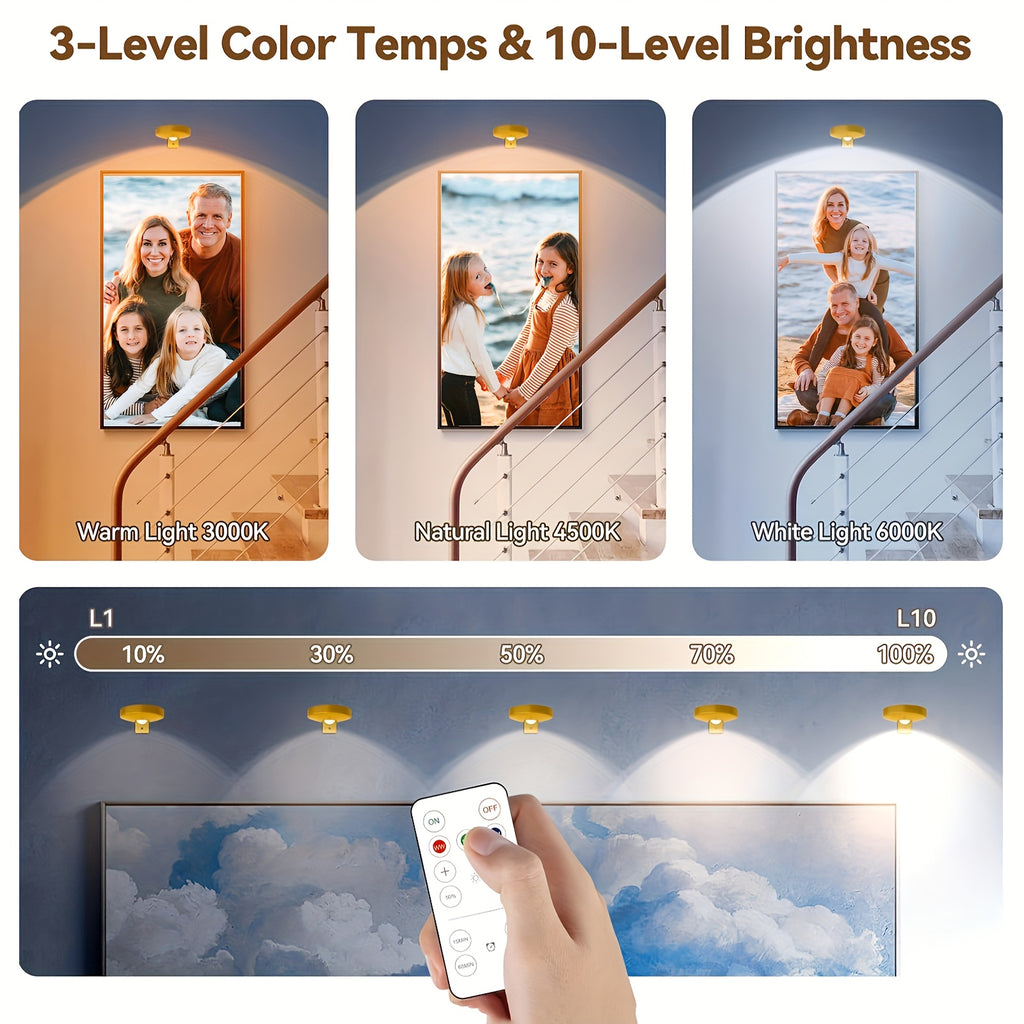 6-Pack / 3-Pack Rechargeable Picture Lights for Wall, Battery Operated Magnetic LED Art Display Lights with Remote Control, 3 Color Temperature, Dimmable and Timer Function, Golden, Perfect for Picture Frames, Hallway, Living Room, Bedroom, Gallery