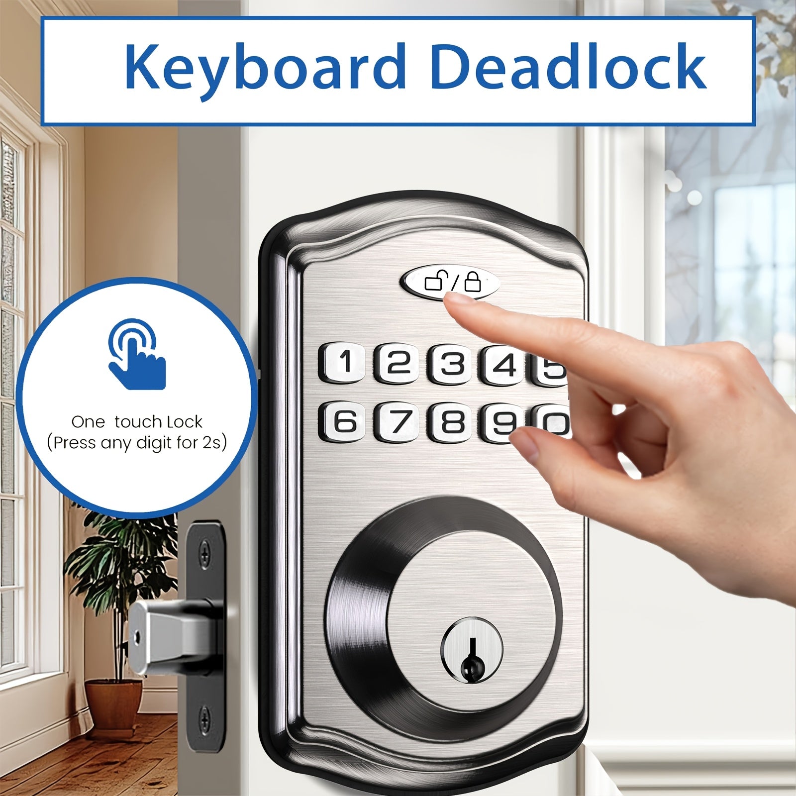 Keypad Door Lock, Keypad Deadbolt, Keyless Entry Door Lock, Electronic Keypad Smart Lock, 100-Code Capacity, Backup Key, Auto-Lock Feature, Anti-Peeping Code, Fits Most Standard Doors, Villas, Courtyards, Apartments (Batteries Not Included