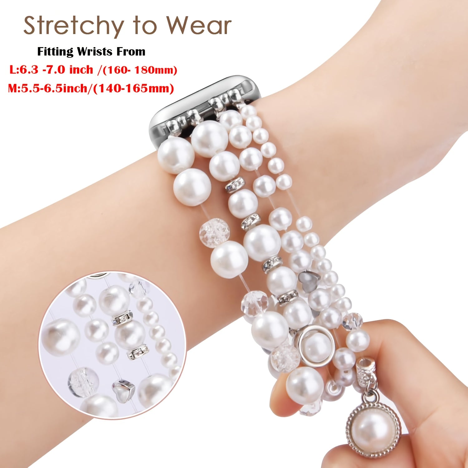 V-MORO Compatible for Apple Watch Pearl Bracelet Compatible with Series 11/10/9/8/7/6/5/4/3/2/1 & SE Smartwatch, Bling Strap Jewelry, Cute Elegant Pearls for / (Compatible with iWatch Series)