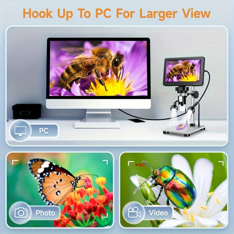 Dm9 7-Inch LCD Digital Microscope 1200X, 1080P Coin Microscope Magnifier, with 10 Adjustable LED Lights, 12MP Super Precise Focus Welding Microscope, Suitable for Adults, Can Connect to A Computer for Viewing, Men's Gift