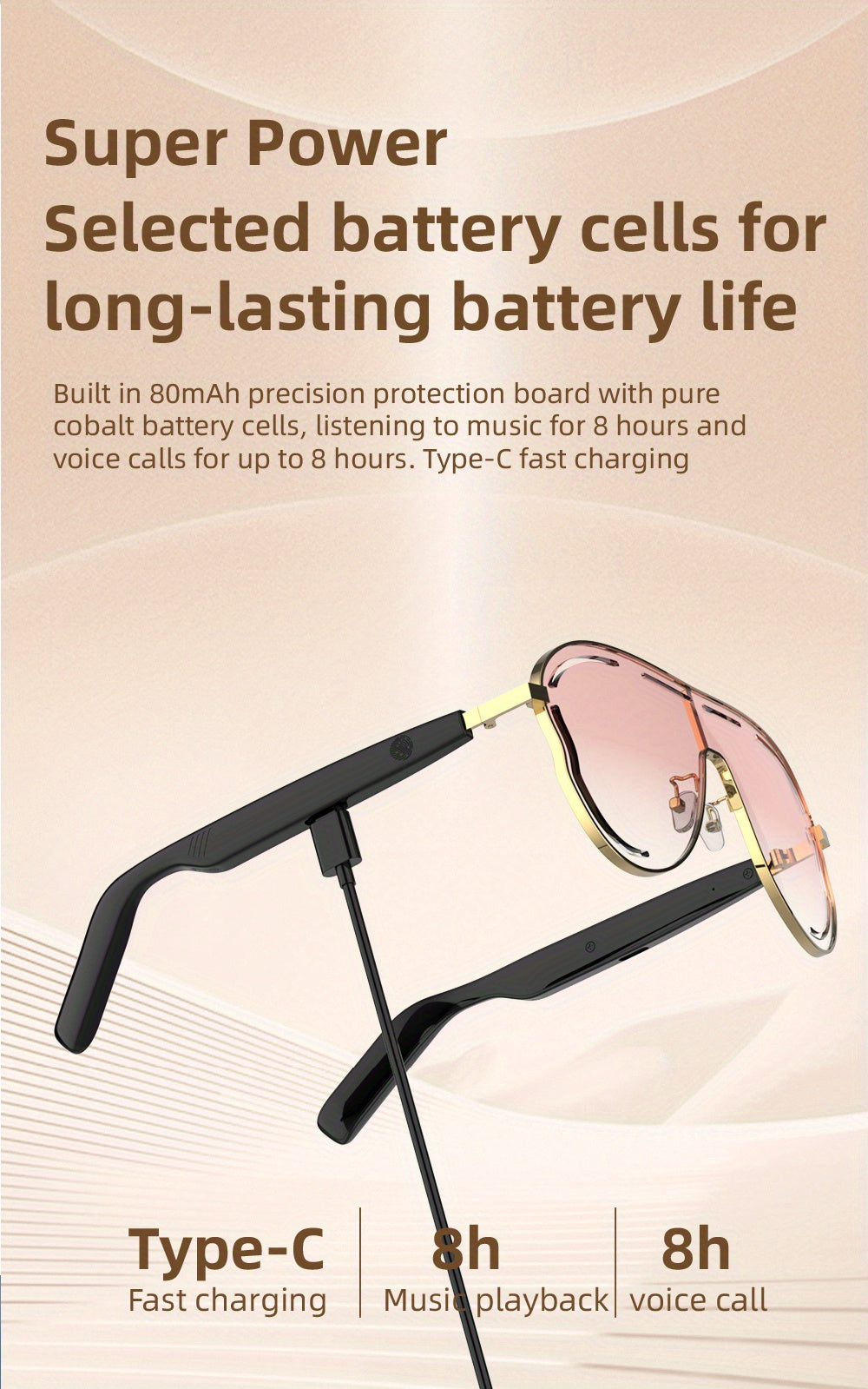 New Smart Audio Glasses with Stereo Sound Quality, Touch Control Adjustment, Clear Call Quality, Intelligent Noise Reduction, Type-c Charging, Rechargeable Battery, Ultra-long Standby Time, Fashionable And Stylish, Suitable for Travel