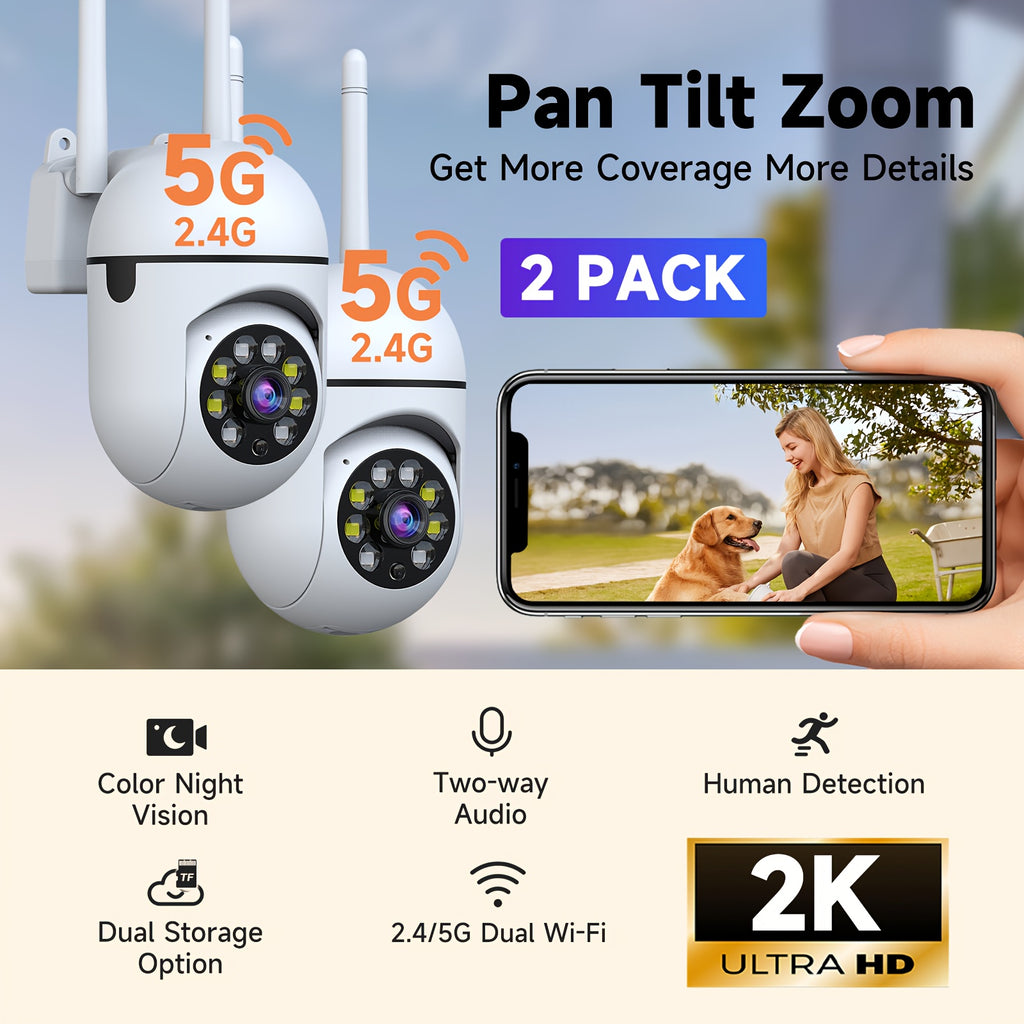 2pcs Dual-Band 2.4/5G WiFi Security Wireless Camera, 355° Pan, AI Motion Detection, Two-Way Audio, Color Night Vision, Cloud & SD Storage, Baby Monitor, Perfect Festival Gifts