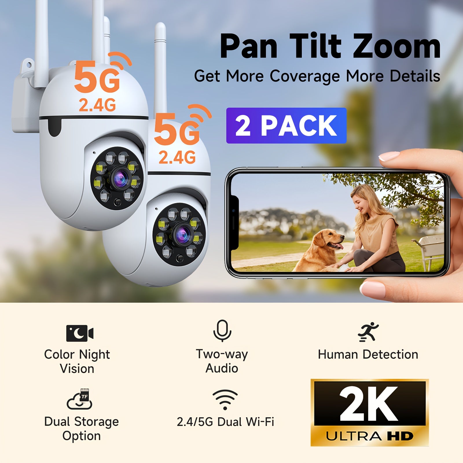 2pcs Dual-Band 2.4/5G WiFi Security Wireless Camera, 355° Pan, AI Motion Detection, Two-Way Audio, Color Night Vision, Cloud & SD Storage, Baby Monitor, Perfect Festival Gifts