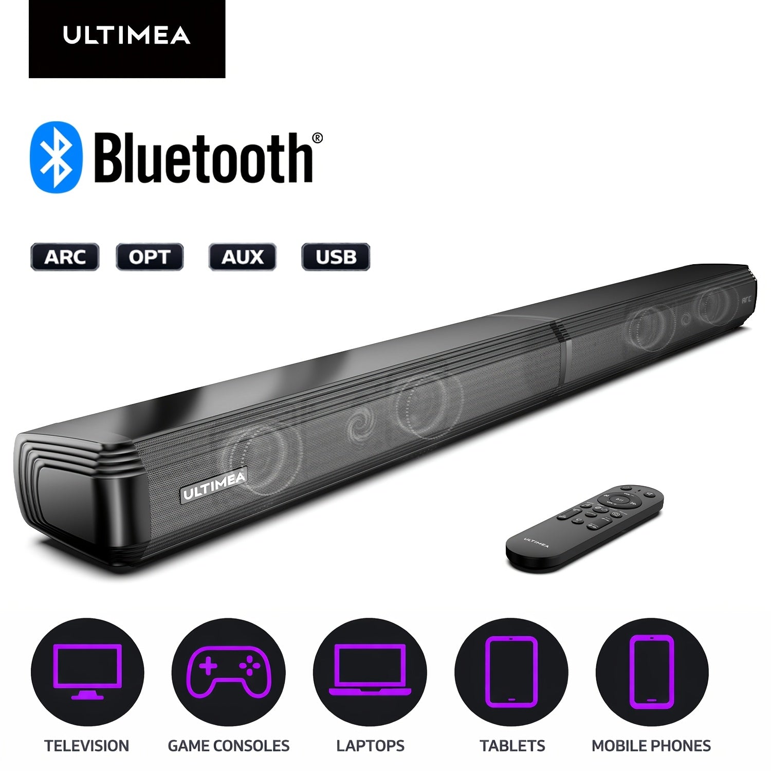 ULTIMEA 2.2ch Sound Bar for Smart TV, Peak Power 100W, 2-in-1 Detachable Soundbar for TV, Bass Adjustable, Bluetooth 5.3, 3 EQ Modes, Optical/Aux/Wall Mount