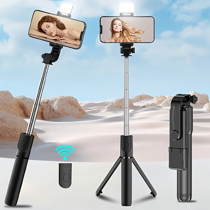 Expandable Selfie Stick for Phones Featuring an Integrated Fill Light, Designed for Professional Live Streaming. This Wireless Remote-Controlled Tripod Rotates 360° And Is Perfect for Hiking, Travel, Vlogging, And Outdoor Activities