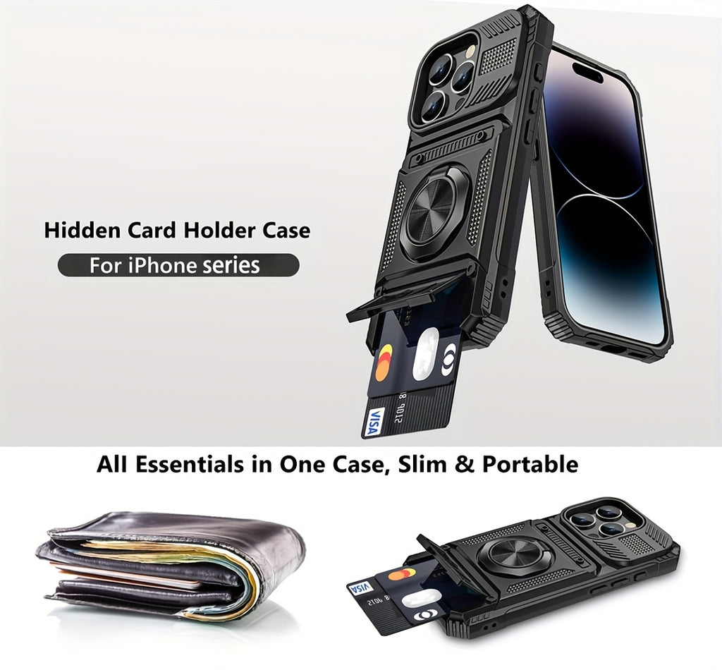 Phone Case: for iPhone 16 15 14 13 11 Pro Max 14 15 16Plus 7 8Plus Series Heavy Duty Shockproof 360° Rotating Metal Stand Mobile Phone Hard Shell with Dual Card Slot Design