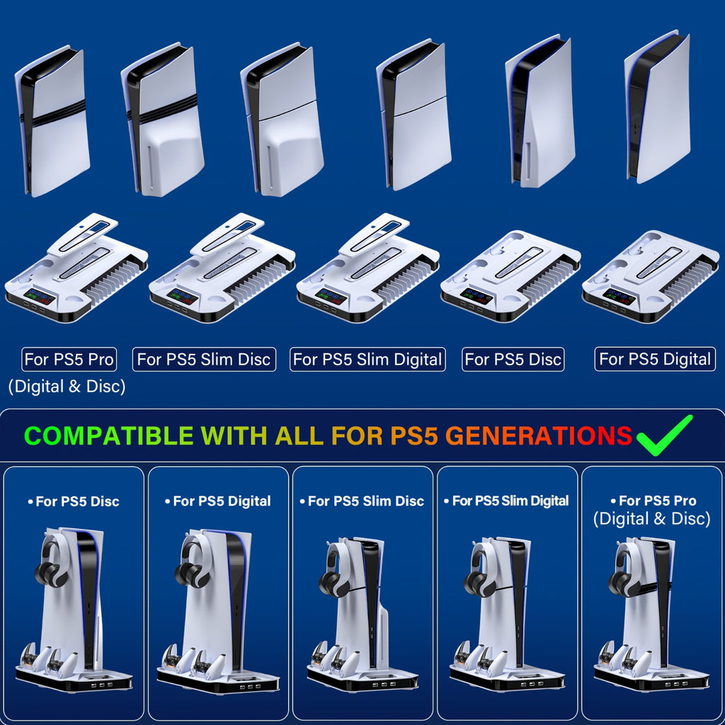 For Ps5/Slim/Pro Cooling Station with Controller Charging Station for Playstation 5 Slim&Standard Disc/Digital Console, for PS5 Slim Stand Cooler Additions Incl Cooling Fan/3 USB Hubs/Headset Holder/Screw
