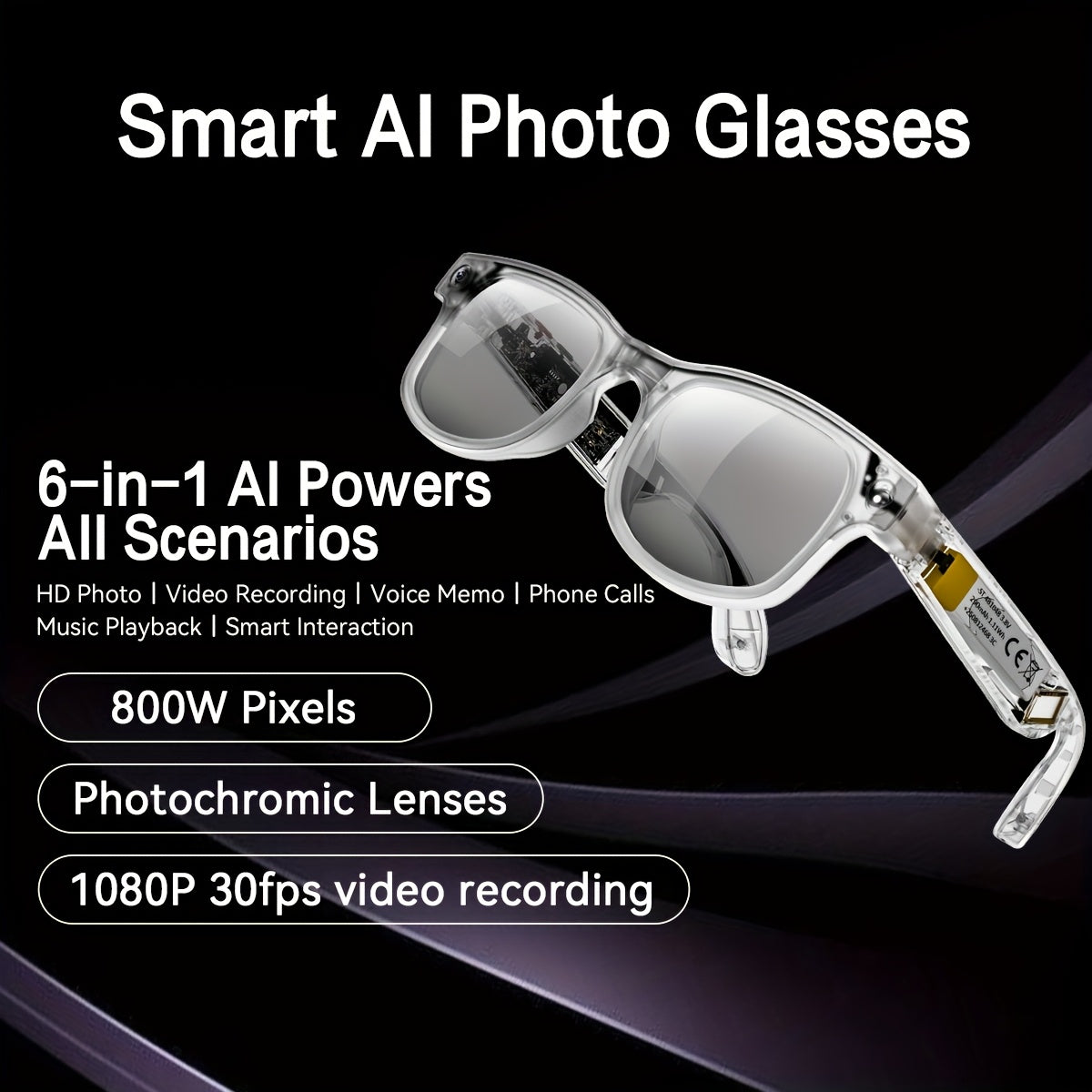 [1080P] KLZO's Latest 8-Megapixel Dual Camera Smart Glasses, Intelligent AI Glasses, Automatic Color Change, 1080P High-Definition Camera, 290mAh Long Battery Life, Dual Microphone High-Definition Calling, Air Conduction 360° 3 Surround Sound