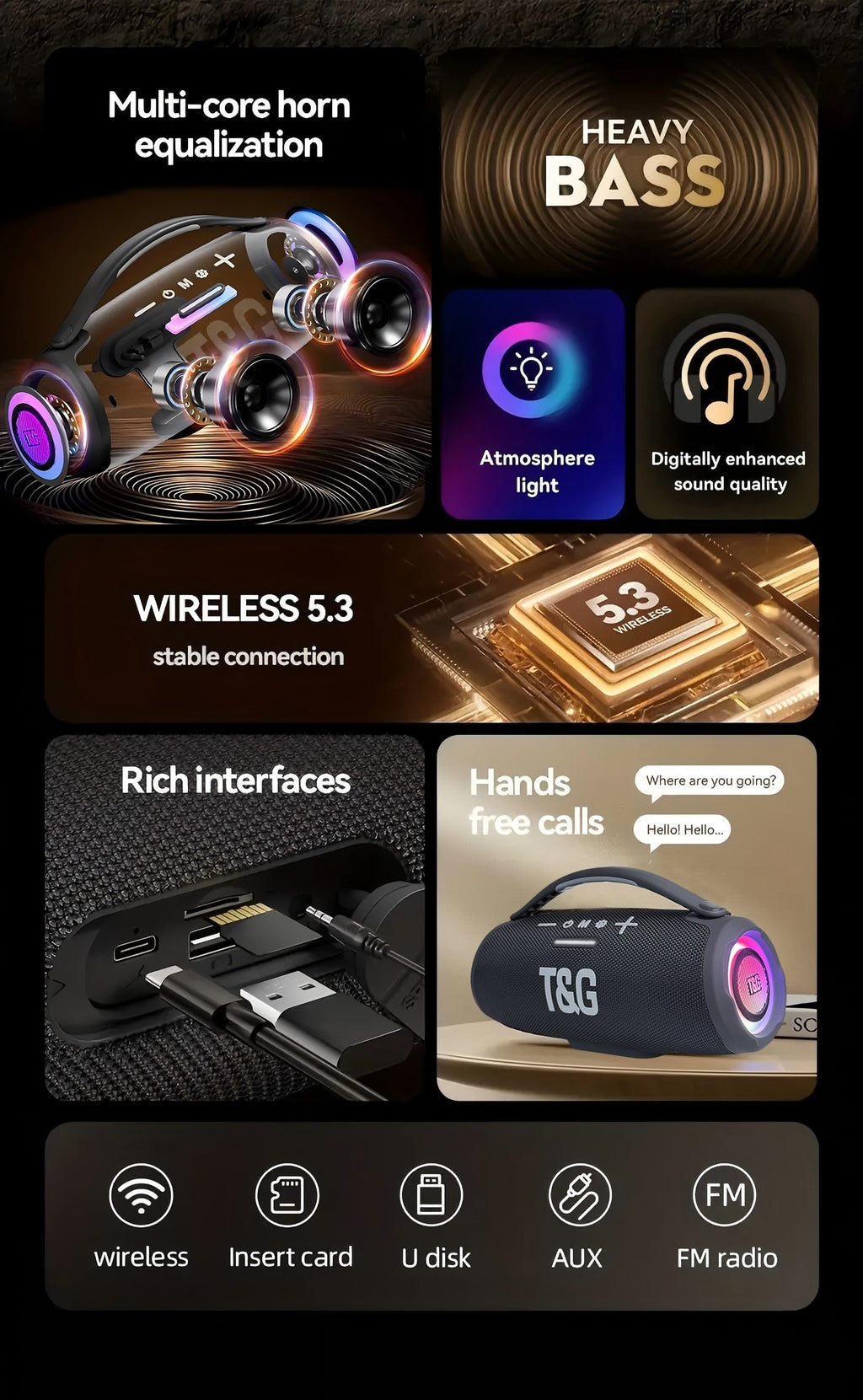TG418 Wireless Speaker, Featuring Type-C, a 3000Mah Battery, And Compatibility with TF Cards, USB, And AUX. It Works with Mobile Devices, Tablets, And Computers, Delivering Loud Sound with LED Lights And Flashing Effects, Equipped with EQ Settings