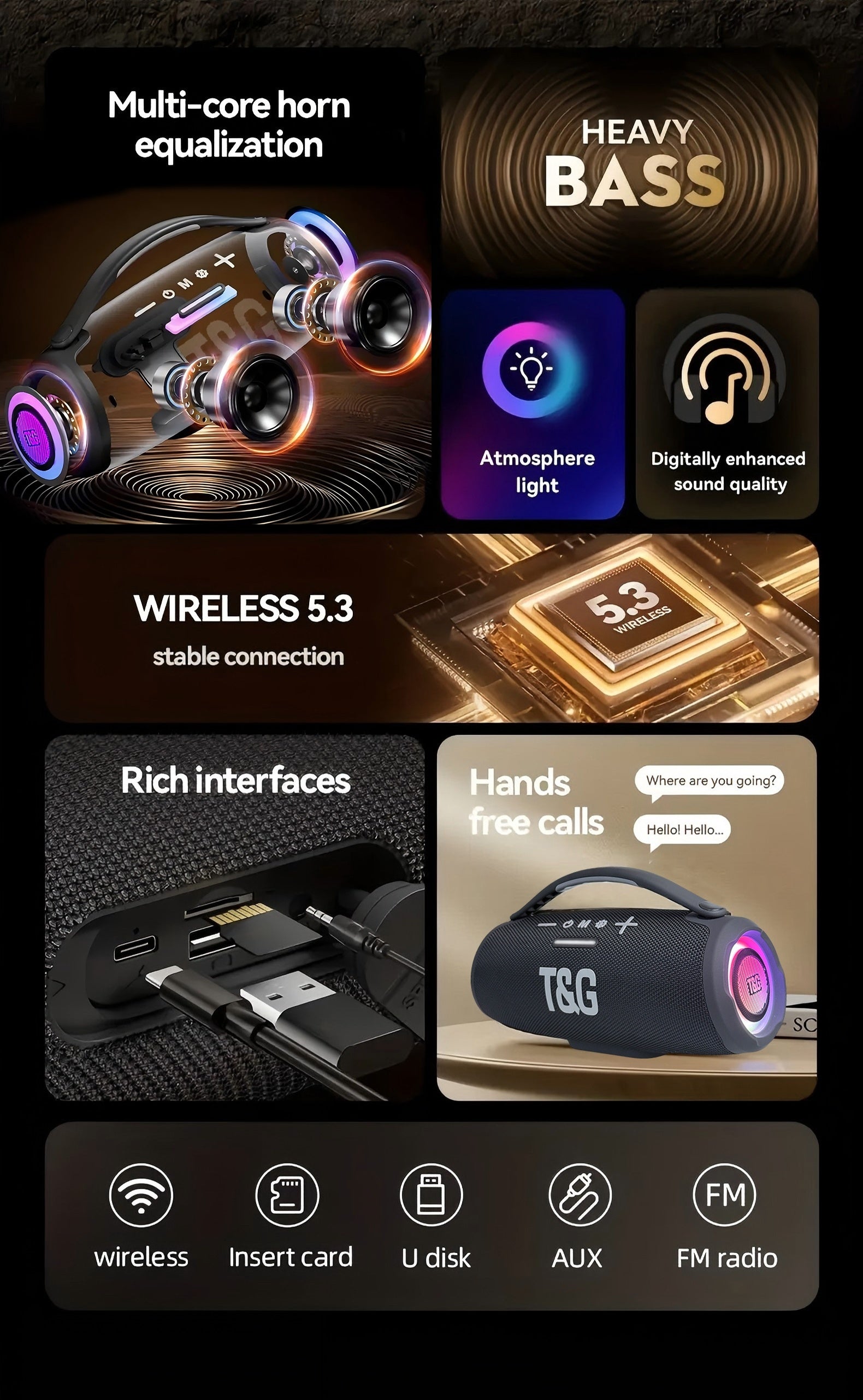 TG418 Wireless Speaker, Featuring Type-C, a 3000Mah Battery, And Compatibility with TF Cards, USB, And AUX. It Works with Mobile Devices, Tablets, And Computers, Delivering Loud Sound with LED Lights And Flashing Effects, Equipped with EQ Settings