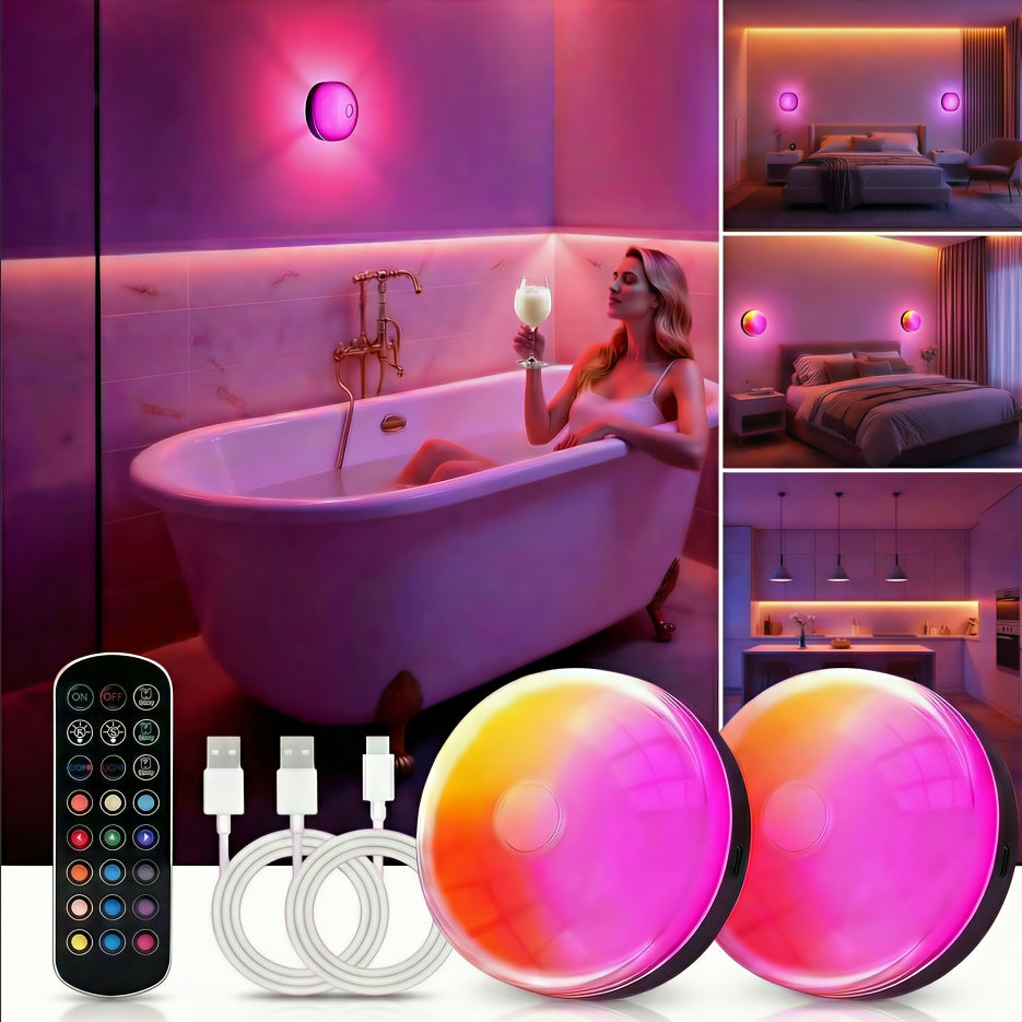 4/2-Pack Rechargeable RGBW Shower Light, 15 Color Changing Ambient Mood Lamp With Cool White, Battery Operated Magnetic Wall Sconce & Ceiling Light With Remote (Dimmable & Timer) For Bathroom, Closet, Hallway, Party Ambient Lighting, Party Decor