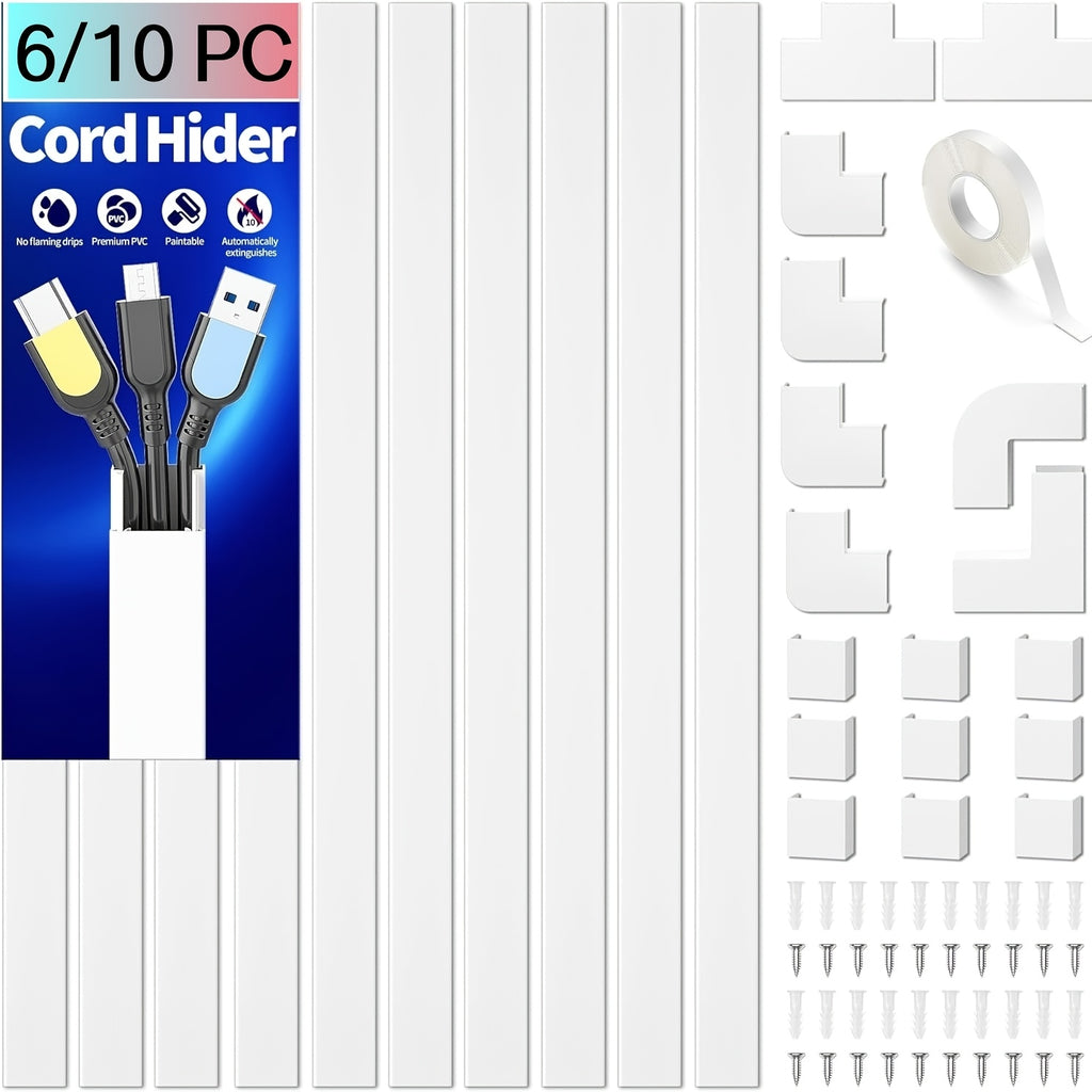 [Father's Day Gifts] Cord Hider, Cable Raceway Cord Cover 10pcs Set 157in/6pcs Set 94in - Self-Adhesive Paintable Wire Hiding Channel (W0.95×H0.55in, White) for Home Office Desk Wall TV, Gifts Suitable for Father's Day