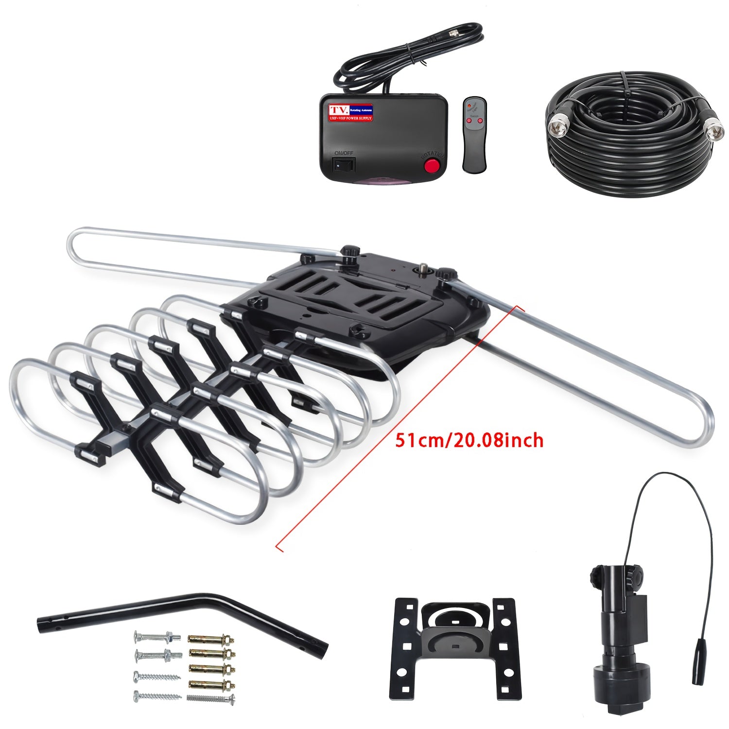 Outdoor HDTV Antenna, 150 Mile Motorized 360 Degree Rotation, Wireless Remote Control, 33FT RG6 Coax Cable, Support 2 TVs With Mounting Pole, Snap-On Installation