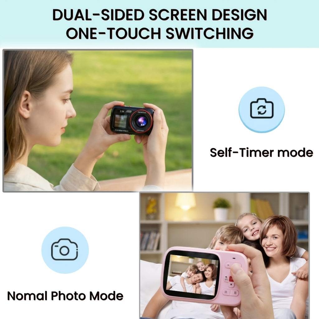 Digital Camera, Vlogging Camera, 72MP 2.5K Compact, 16X Zoom, Auto Focus - Vintage CCD Camera with 32GB Card - Ideal Retro Gift for Teens, Begginers