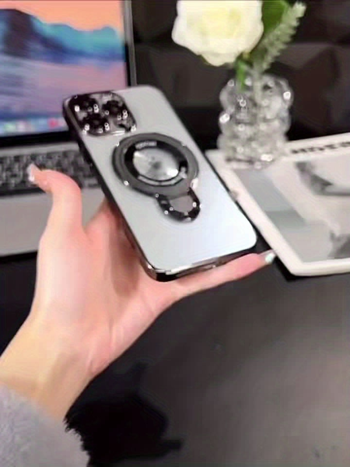 Phone Case: Compatible with iPhone 17 Pro Max Phone Case Magnetic U-Shield Stand Electroplated PC Full Coverage Shockproof Apple 16 Protective Case,, Transparent Back Panel Phone Case with Missing Label Design.