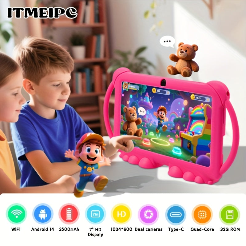 ITMEIPC, 2025 New Models, 7 Inch Android Kids Tablet, Android14, 4GB(2GB+2GB) RAM 32GB ROM Dual Camera, Wi-Fi, Large Screen Learning Entertainment Tablet Parental Control Pre-installed Apps, HD Screen Protective Case High-Performance Student Tablet