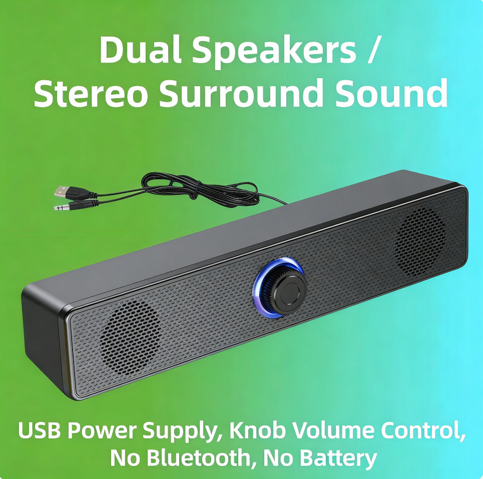 PC Wired Soundbar Speaker, USB Wired Computer Soundbar, Stereo Surround Sound Bar Speaker with Knob Volume Control, No Wireless And Battery, for PC Desktop Laptop Monitor