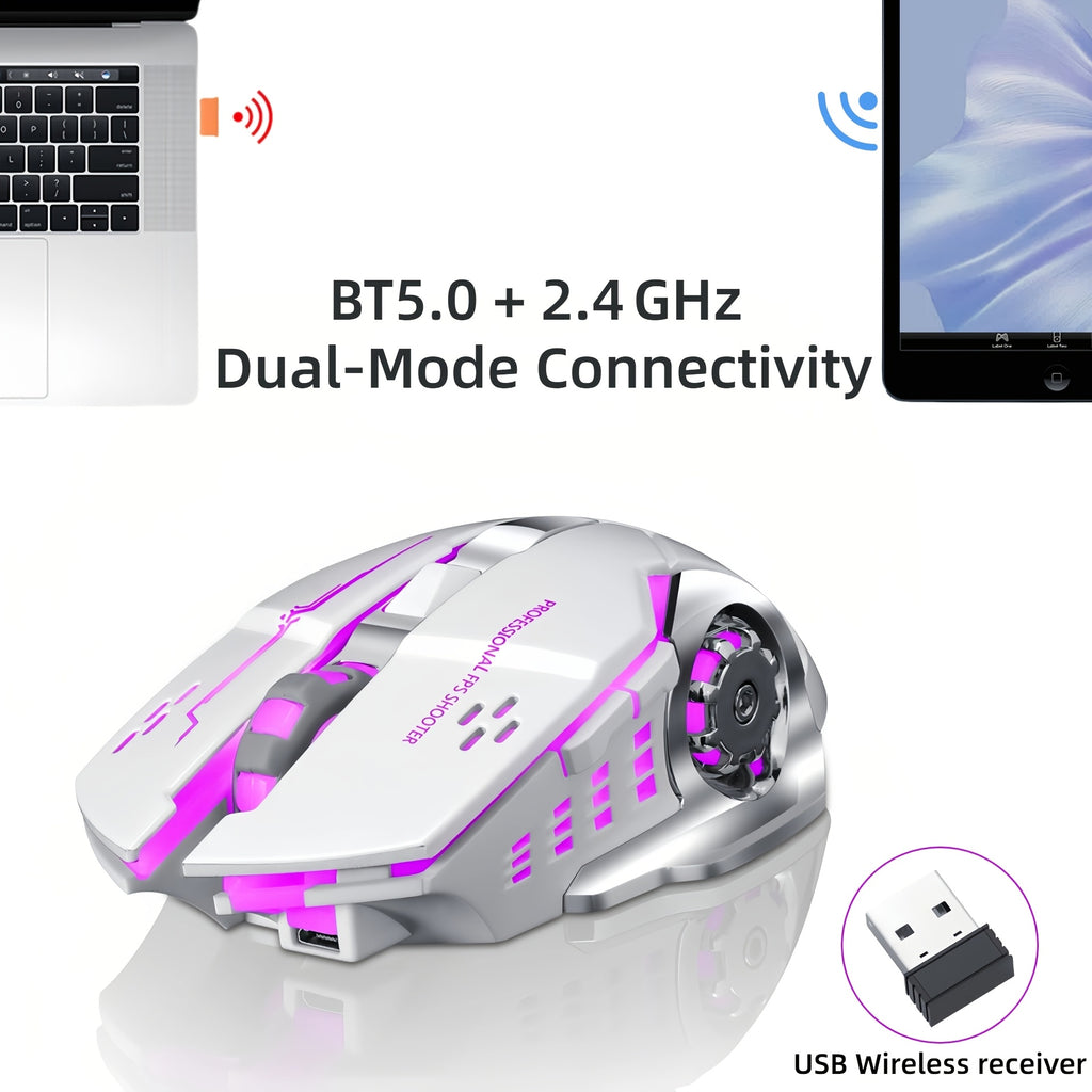 RGB Wireless Gaming Mouse - T-WOLF Rechargeable BT5.0 + 2.4G Dual-Mode Mouse, Silent 6-Button Full-Size Ergonomic Comfort for Extended Work & Gaming, Computer & Gaming Accessories, Cool RGB Desk Setup, Back to School Gift