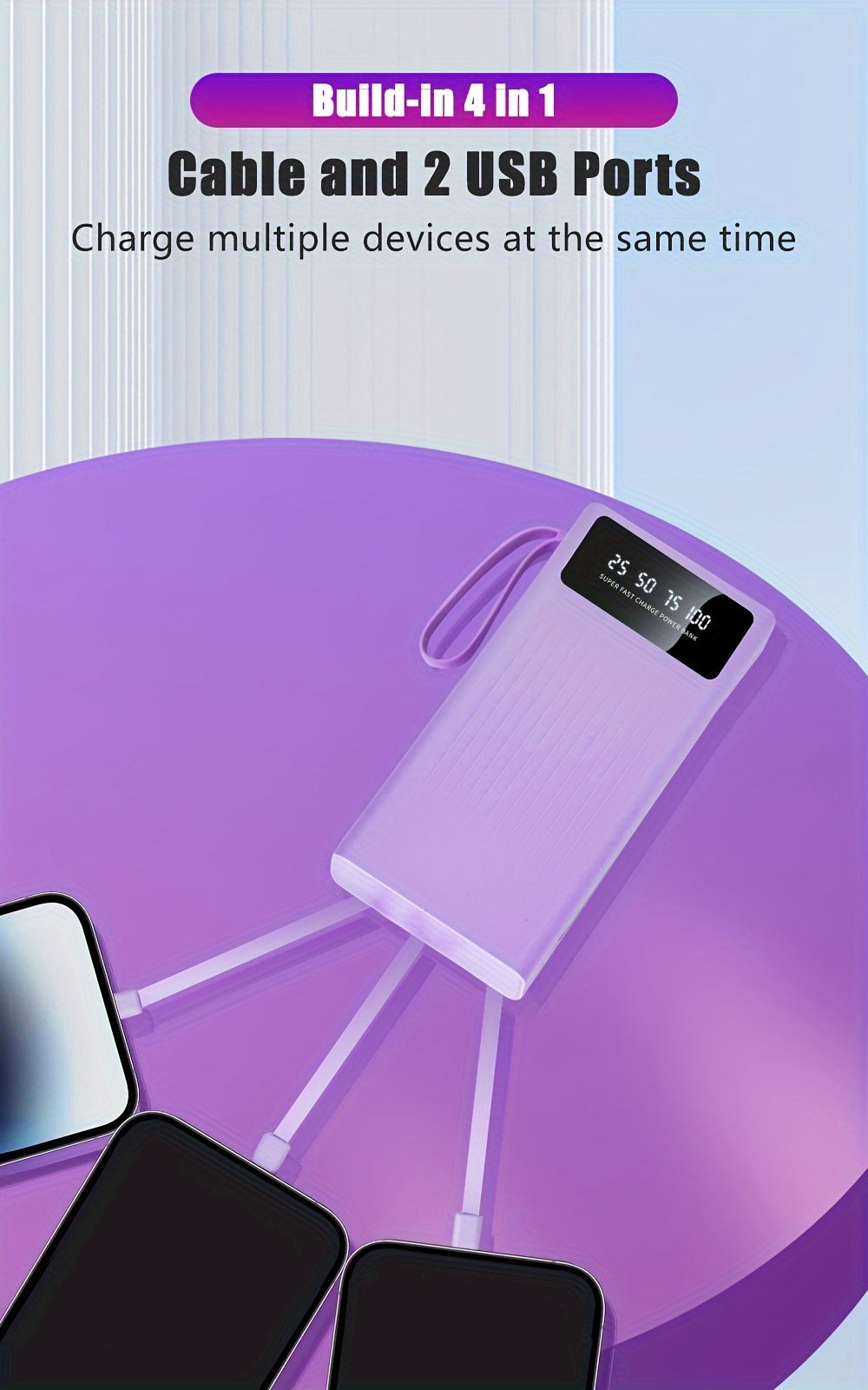10000/20000/30000mAh Super Large Capacity Portable 5W Slow Charging/15W Fast Charging Power Bank, High Appearance Business Minimalist Style, Build With 4 Cables, 4 Modes Ultra-bright Camping Lights, Travle Must Have, For Iphone Android