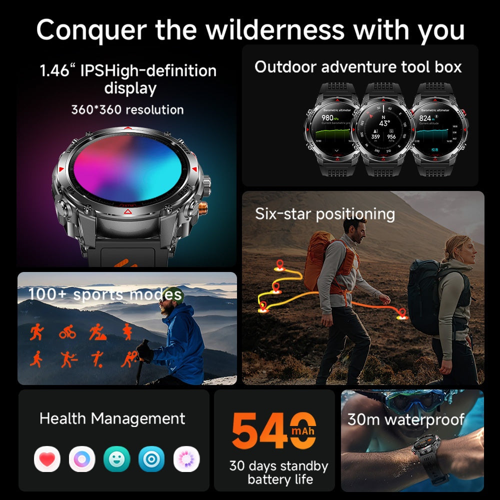 Men's Smartwatch, Outdoor Adventure Smart Bracelet with GPS Precision Positioning, IPX8 3ATM High Quality, Multi-Sport Tracking, Wireless Connectivity and Message Notifications for Android and iPhone Devices, 1.46-inch IPS Display, Christmas Gift