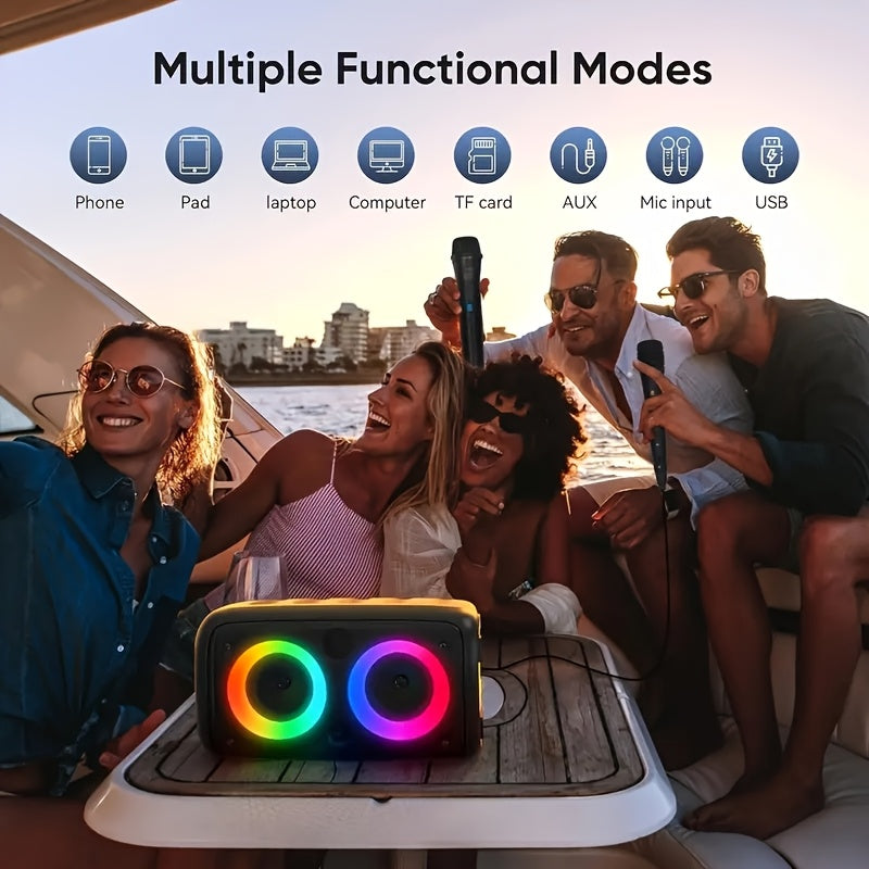 Bluetooth speaker, wireless speaker, karaoke machine with 1 wired microphone or 1 wired microphone+1 wireless microphone, adult portable speaker, PA system with LED lights singing karaoke speaker, supports TF card/USB, AUX input, TWS suitable