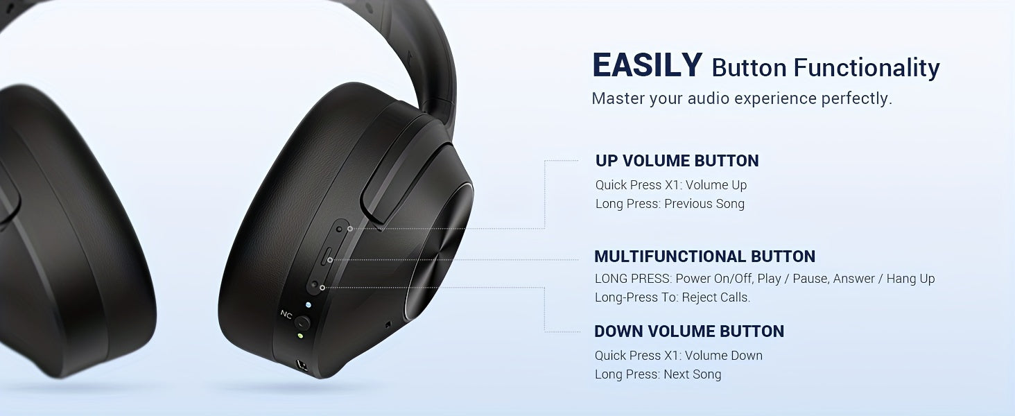 Hybrid Active Noise Cancelling Headphones Wireless Headphones with Microphone Deep Bass, Hi-Fi Audio, Memory Foam Ear Cups, 30H Playtime