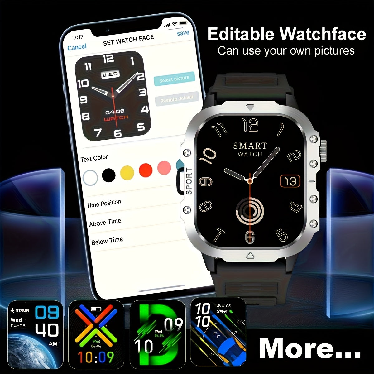 2.01-inch Large Screen LED Flashlight Outdoor Smartwatch, Multiple Sports Modes, Message Reminders, Compatible with Android and iPhone, Stylish Fitness Tracker, Long-Lasting Battery, Multifunctional Watch, for Fitness Enthusiasts and Tech Savvy