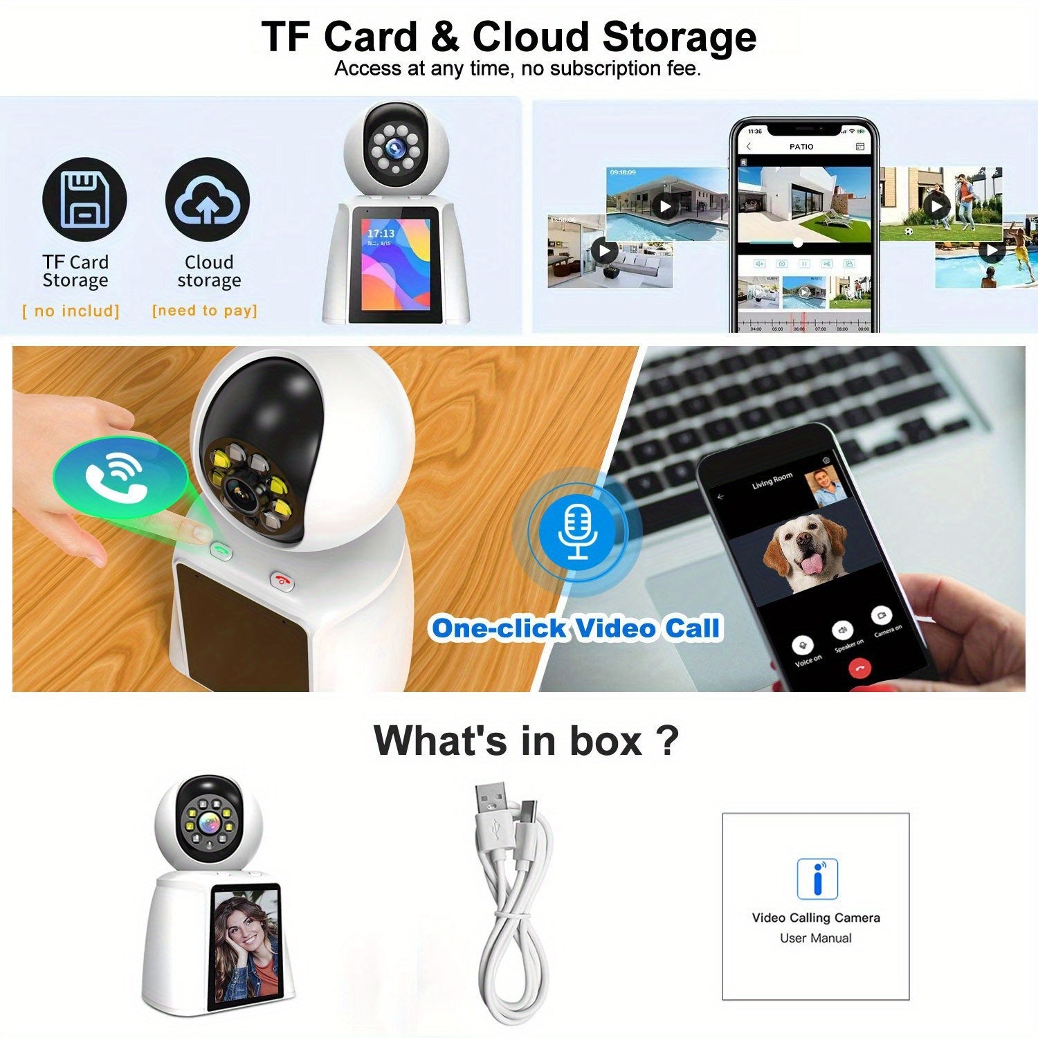 3 Inch Screen Pet Camera Smart Home Video Calling, Baby Kids Monitor Cameras WiFi for Home Security Indoor, Cat Dog Camara De Segurida Smartphone 2 Way Talk, 24/7 Recording, Motion Sensor Detection with Speaker