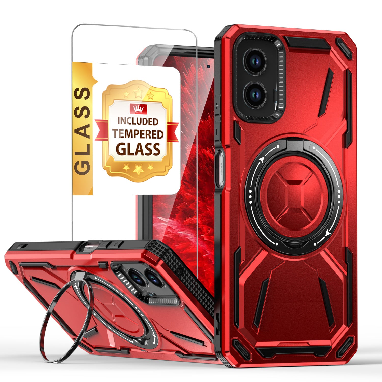 For Motorola Moto G 5G 2024 Phone Case, with Tempered Glass Screen Protector, Magnetic Circle Protective 360 Rotatable Magnetic Ring Stand Cover