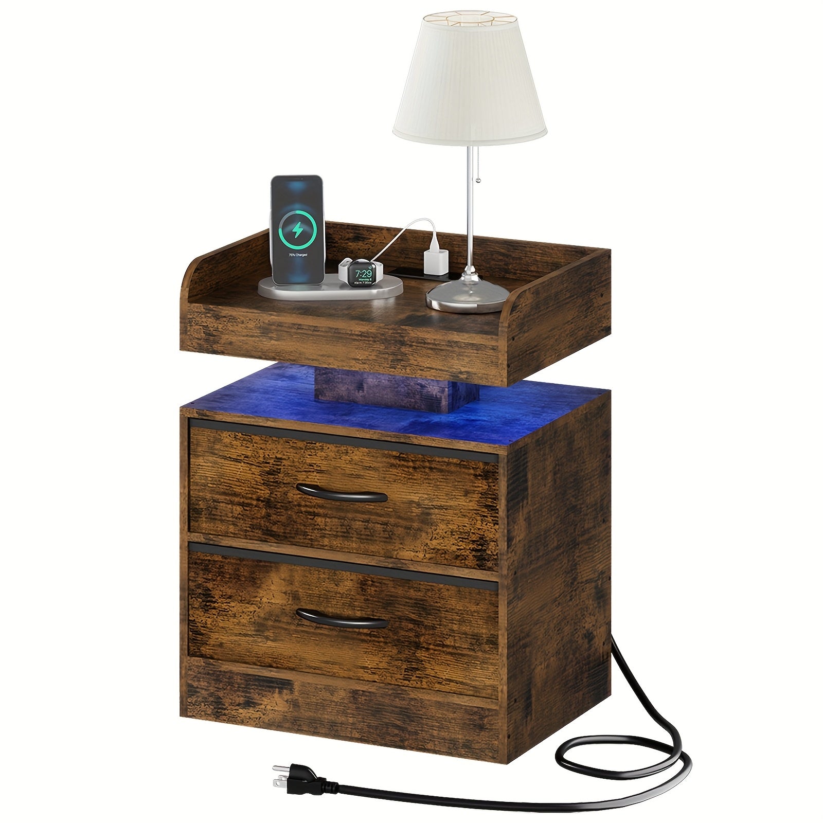 Modern LED Bedside Table with Charging Station, Wooden Bedside Table with Fabric Drawers And Blue LED Lighting, Stylish Bedroom Or Living Room End Table, Ambient Lighting Furniture with Fashionable Design And Multifunctional Drawer Design Gifts.
