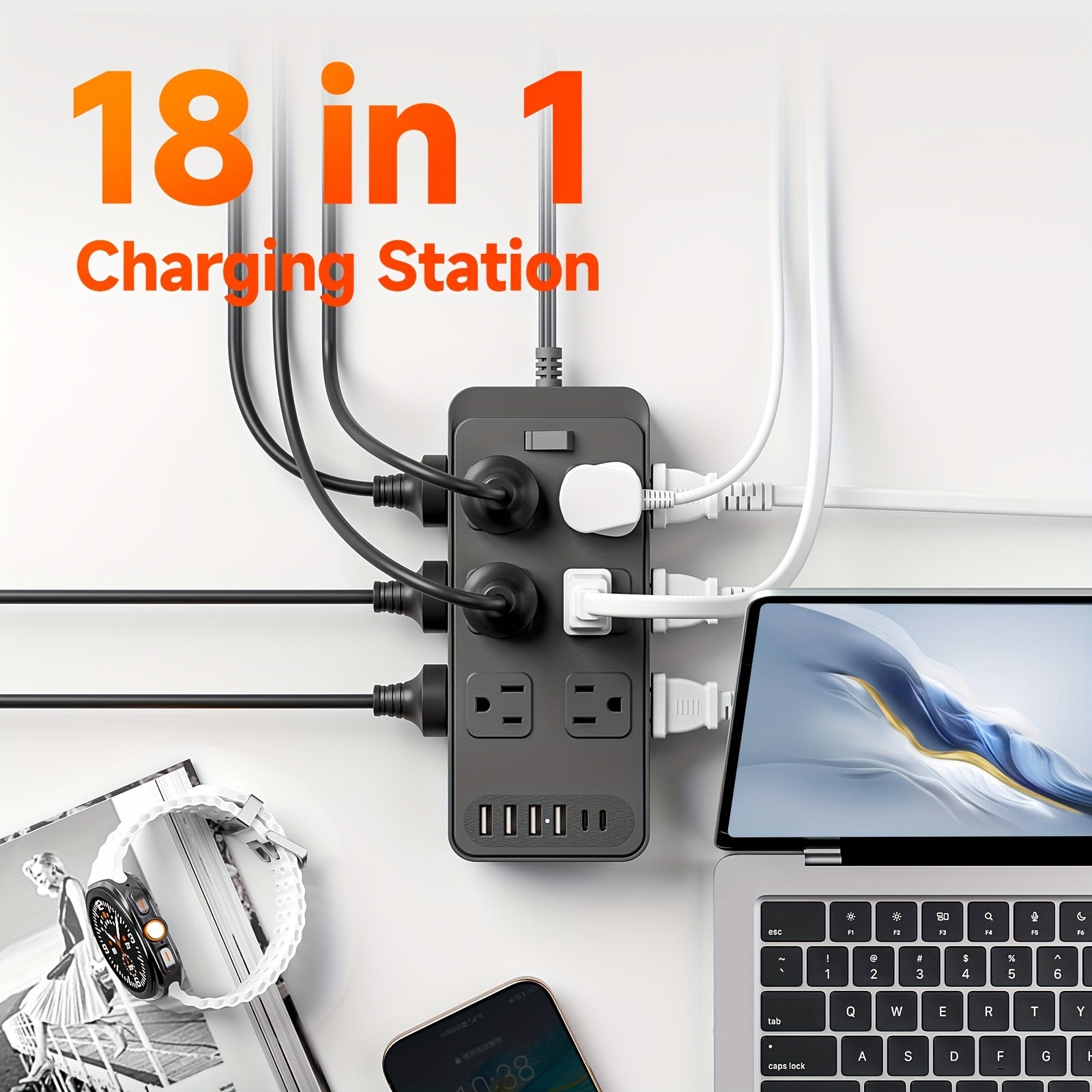 Compact Power Strip Surge Protector, 18in 1 Charging Station, with 12 AC Outlets and 6 USB Charging Ports (4 USB A & 2 USB C), Flat Plug, 5ft PVC Extension Cord, Fire-Resistant Suitable for Home, Office And Travel