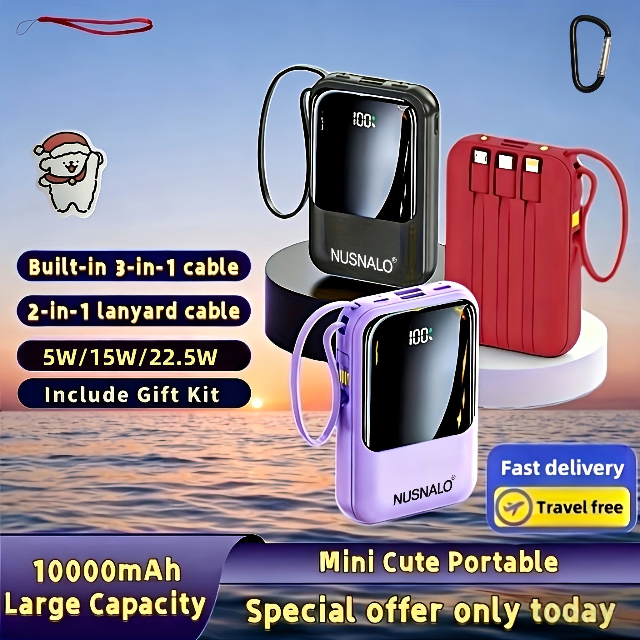 [Portable Travel Charger] 10000mAh Mini Cute 5W Slow Charging/15W Fast Charging/22.5W Super Fast Charging Multifunctional Power Bank Rechargeable Portable Mobile Phone Charger Built-in 4 Cables Ultra-Bright LED Lights Outdoor Travel Battery Packs Digital