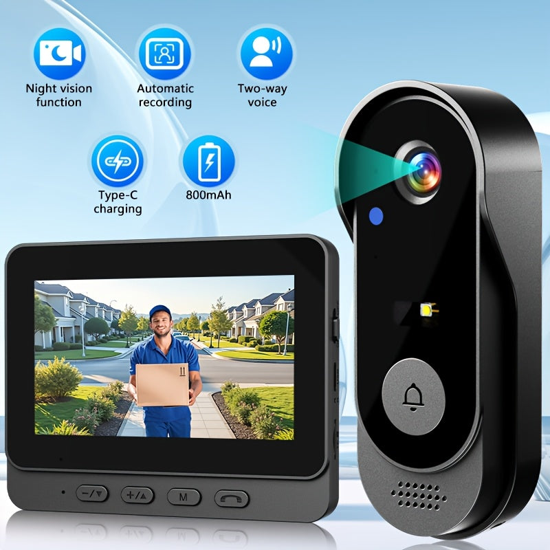 1 Set Smart Wireless Video Doorbell, No WIFI, 4.3"Display Screen, SD Monitor, Waterproof, Two-Way Audio, 2.4G Wireless Connection, 120° Angle, No APP, Highquality Lens Doorbell Camera, Rechargeable Battery