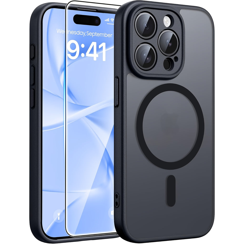 [Holiday Gift] Phone Case: Phone Case for iPhone 12/13/14/15/16 Plus/Pro/Pro Max - Magnetic Charging Compatible, Full Camera Protection, Drop-Resistant Matte Translucent Back Bumper Cover - Black, Gray, Blue - Holiday Gift - Screen Protectors