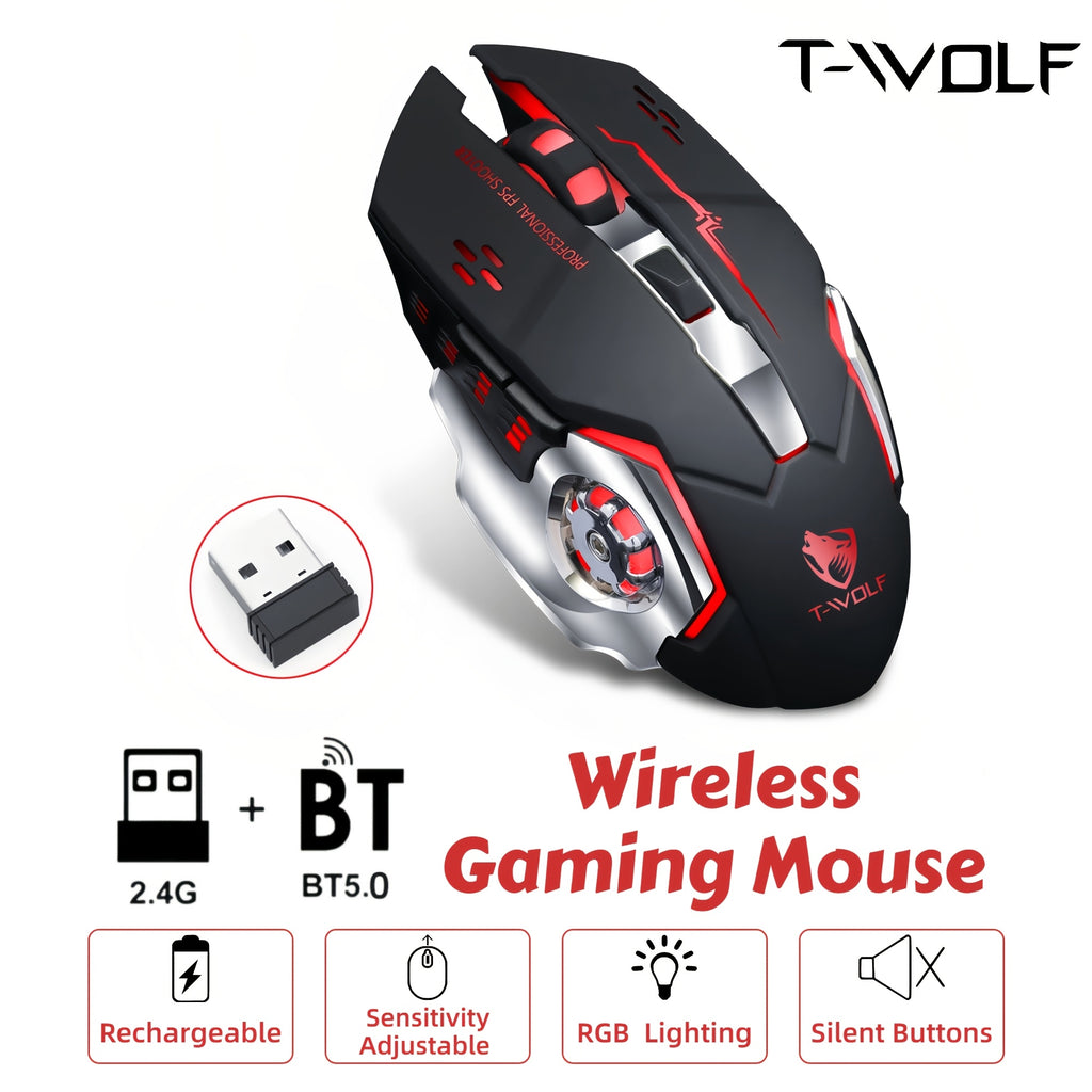 RGB Wireless Gaming Mouse, T-WOLF 2.4GHz + Wireless Rechargeable Mouse, Ergonomic Full Size Large Mouse For Long Hours Of Work Gaming And Study, Laptop PC Tablet Computer And Gaming Accessories, Back To School Gift