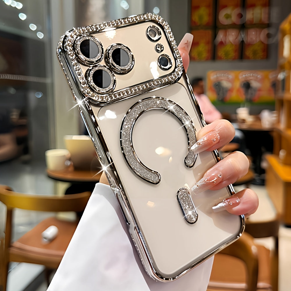 Shiny High-End Fashionable New Side Diamond Magnetic Phone Case Suitable for iPhone 17 16 15 14 13 Pro Max Plus Air 16e, Supports Wireless Charging