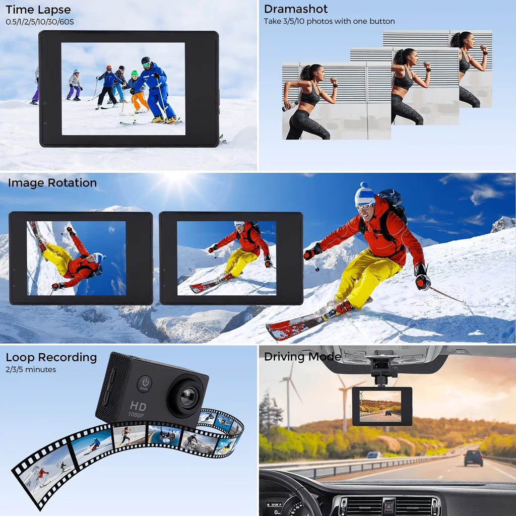 HD 1080P Action Camera for Outdoor Sports, Featuring a 2.0-Inch LCD And 170° Wide-Angle Lens, Perfect for Swimming, Rock Climbing, And Cycling. an Ideal Gift for Birthdays And Holidays