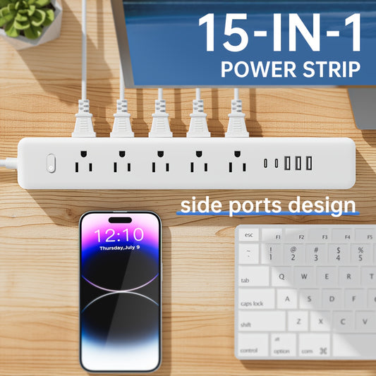 One 15-in-1 Multi-function Power Outlet, with 10 AC Outlets, 3 USB Ports, and 2 Type-C Ports, Exquisite Long Strip Appearance, Can Be Hung on the Wall, with Surge Protection, Overload Protection, Suitable for Office Use, Home Use, Travel