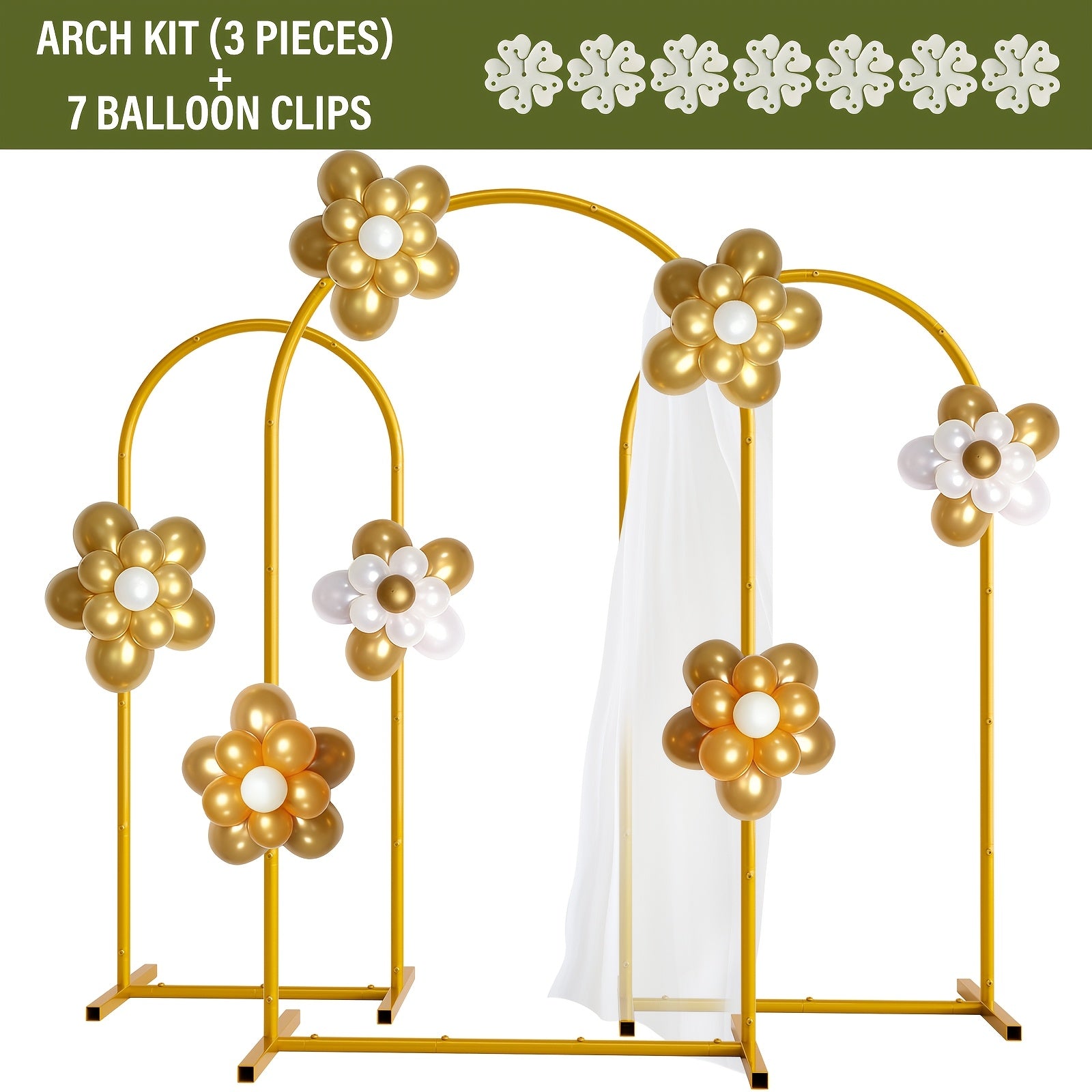 3pcs Golden Photo Backdrop Arch (7.2/6.6/6ft) - Metal Wedding Ceremony Party Frame for Birthday Graduation Photography Background Decor, Perfect Halloween Gift, Thanksgiving Gift, Christmas Gift