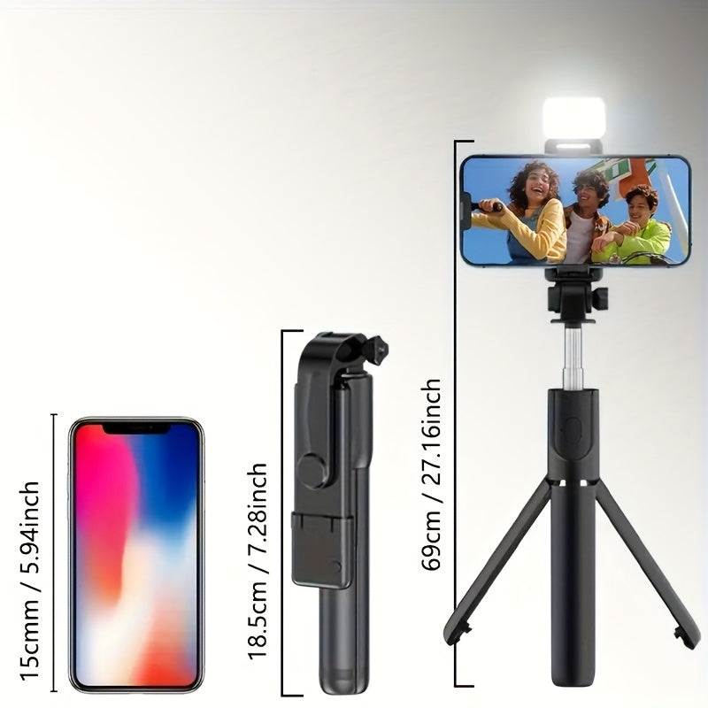 Expandable Selfie Stick for Phones Featuring an Integrated Fill Light, Designed for Professional Live Streaming. This Wireless Remote-Controlled Tripod Rotates 360° And Is Perfect for Hiking, Travel, Vlogging, And Outdoor Activities