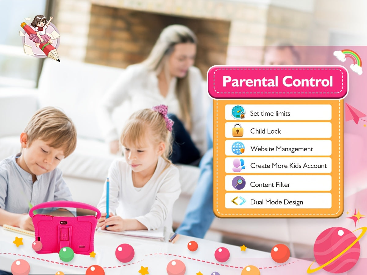 [Kids | Tablet] Veidoo 7 inch Kids Tablet | 2GB RAM+32GB ROM, Security Eye Screen, WiFi, Dual Camera, Educational Games, Parental Control APP, Android Tablet, Tablet with Drop Proof Silicone Cover (Pink)
