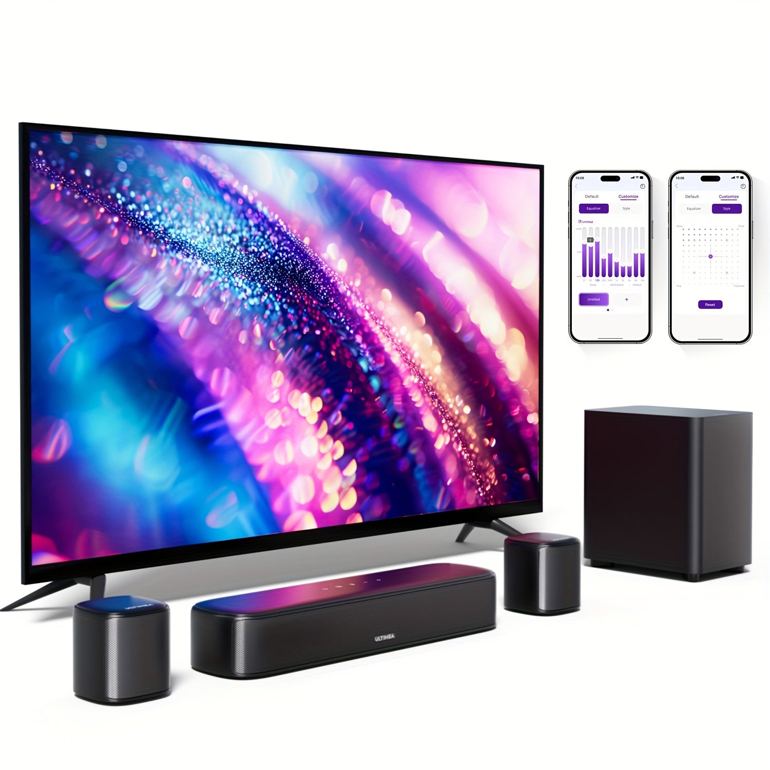 [Home Theater] Ultimea Sound Bar For Smart TV, App Control, Virtual Surround Sound System For TV, Home Theater Sound System, TV Soundbar With Wired Subwoofer, 2 Surround Speakers, Opt/AUX