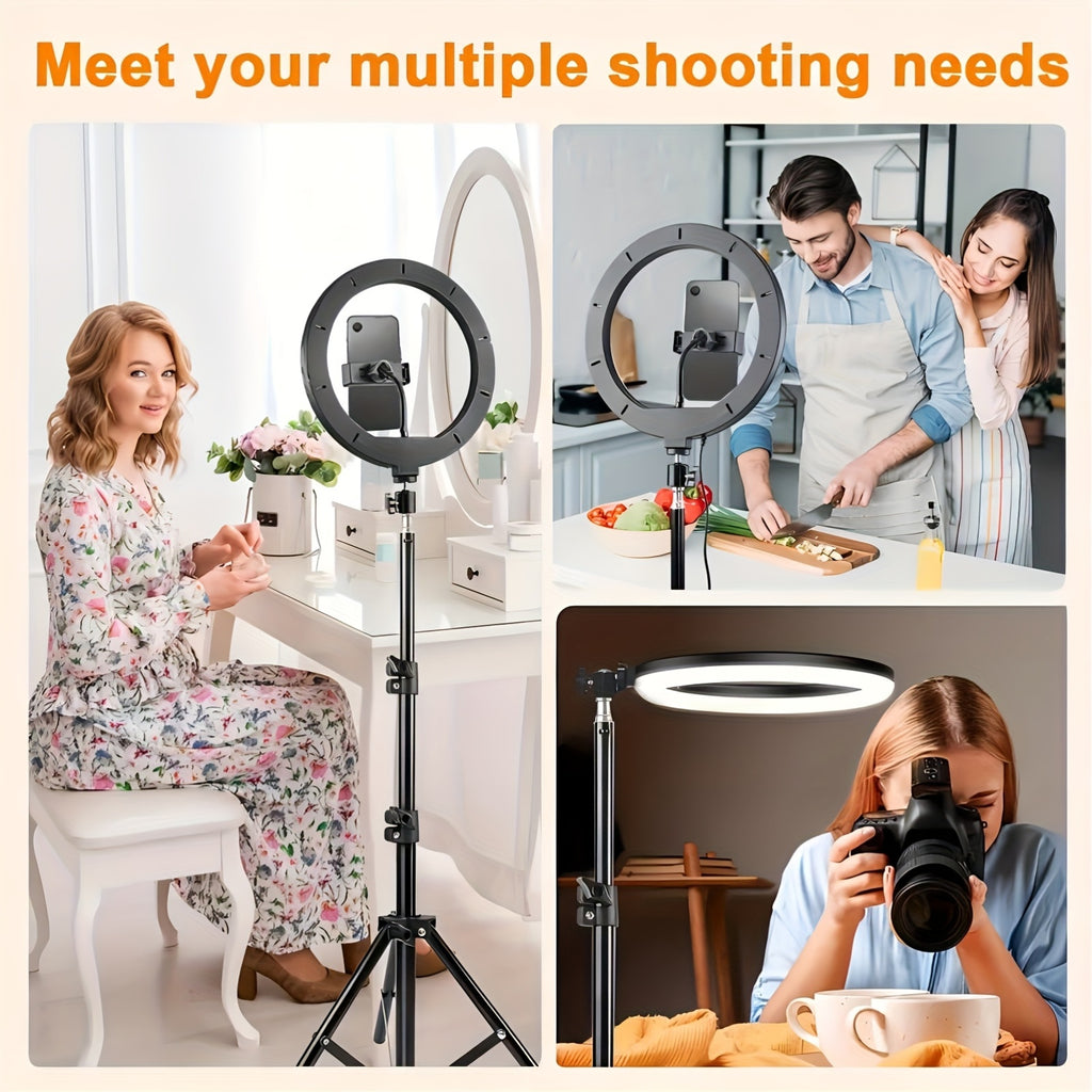 [ZOMEI] 10/12-Inch LED Selfie Ring Light, Compatible with Dual Phone Clips/Adjustable Bracket - 3 Color Modes, 12 Brightness Levels, USB Powered, Phone Stand/Ring-shaped Fill Light- Ideal for Makeup, Photography & Video, Selfie Stick for Phone