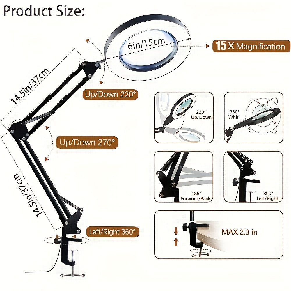 2025 NEWS-1pc 15X Magnification LED Table Lamp, Desk Lamp LED Reading Light With Clip And Flexible Arm, USB-powered, Energy-efficient, And Easy To Assemble, For Reading, Manicure, Eyelashes, Grooming, Sewing, Inspections, And Precision Work