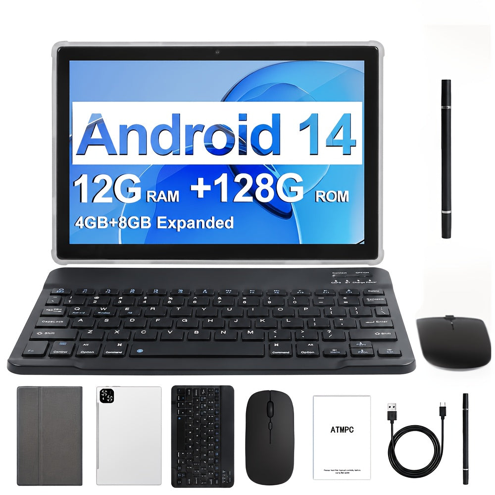 [2-in-1 Android Tablet] 2-in-1 Tablet 10.1 Inch Android 14 OS | Keyboard, Mouse, Case, Stylus Without Electricity, 128GB ROM 12GB (4GB+8GB) RAM, Dual Camera, Eight Core Processor, 1280 * 800 IPS High-definition Display Screen, GMS Certified Tab, 5G Wi Fi