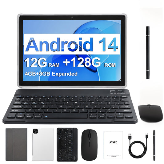 [2-in-1 Android Tablet] 2-in-1 Tablet 10.1 Inch Android 14 OS | Keyboard, Mouse, Case, Stylus Without Electricity, 128GB ROM 12GB (4GB+8GB) RAM, Dual Camera, Eight Core Processor, 1280 * 800 IPS High-definition Display Screen, GMS Certified Tab, 5G Wi Fi