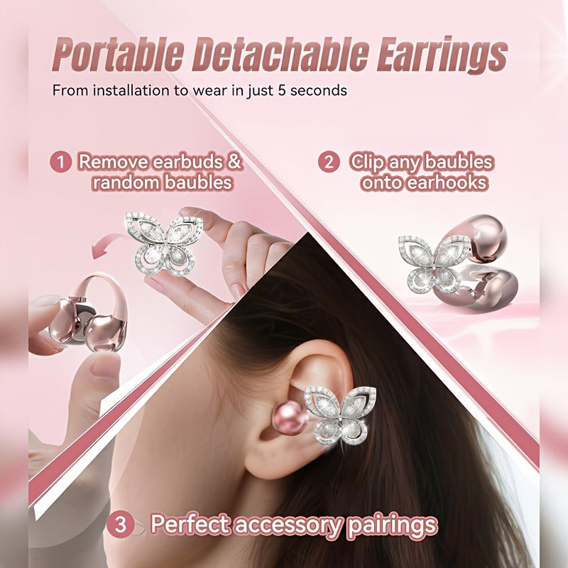 Clip On Earbuds, Open Wireless Earphones, With Detachable Beautiful Synthetic Gemstonestone Earrings, HD Stereo Sound, ANC Noise Reduction, Hands-Free Call, Designed For Exercise/ Sports/ Work/ Study/ Outdoors, Compatible With All Smartphones