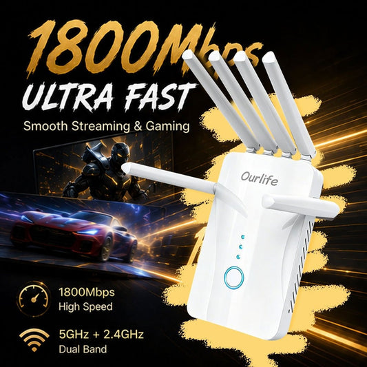 Wifi 6 Signal Amplifier, 1400Mbps Mesh Network Extender, Dual-Band 2.4Ghz/5Ghz, High-Speed Wi-Fi System with 6 Antennas, One-Button Operation, Easy Installation, Comprehensive Home Coverage, Works with Smartphones, Tablets