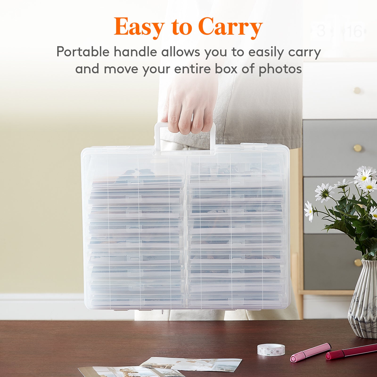 Photo Storage Box 4x6 Photo Case, 14 Inner Photo Keeper, Clear Photo Boxes Storage with 1 Sheet Label Sticker, Plastic Craft Storage Box with lids for Cards Pictures Stamps Office Supplies